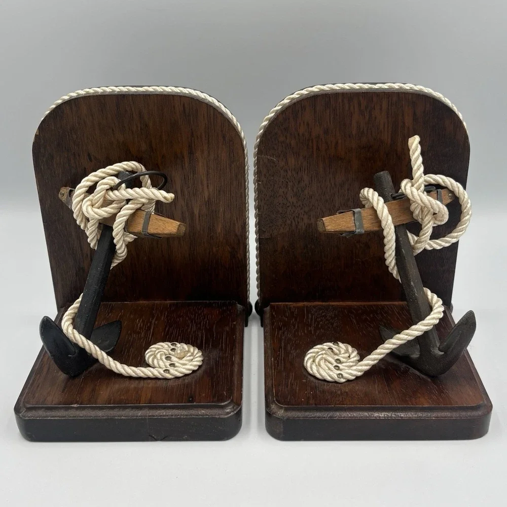 Vintage Nautical Theme‎ Bookends Wood & Rope with Cast Iron Anchors
